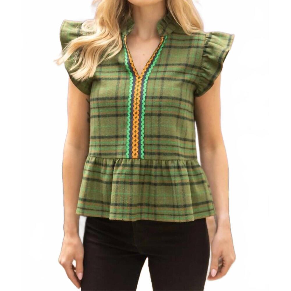 NEW VOY multi color wavy trim detailed plaid flannel top in olive